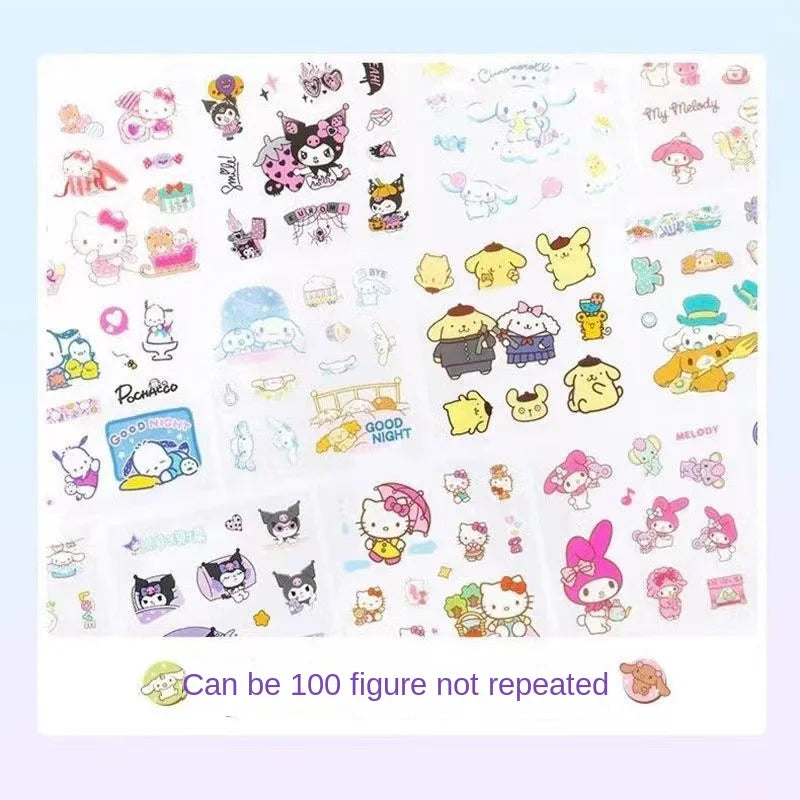 Hello Kitty Sanrio Non repeating 100 piece Sticker Set Cinnamoroll Kuromi Waterproof Stationery Sticker Gift Box Holiday Gift