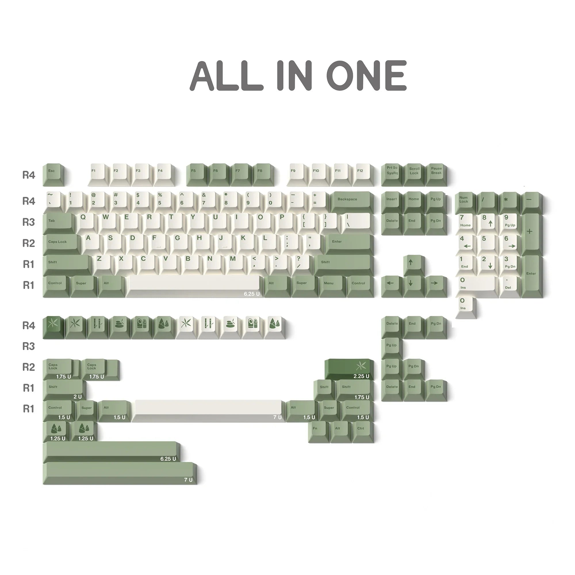 145 Keys Bamboo Forest Theme Keycaps Cherry Profile Green White Keycap PBT Dye Sublimation Keyboard Keycap MX Switch 6.25U 7U