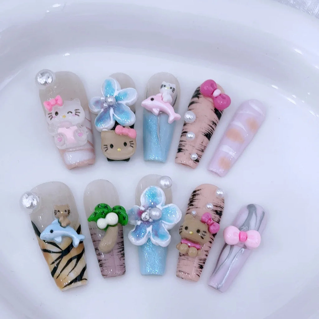 Sanrio Handmade French Press On Nails Hellokitty White Rose Cherry Girl Wearable Nail Tips Long Coffin Square Fake Nails Gift