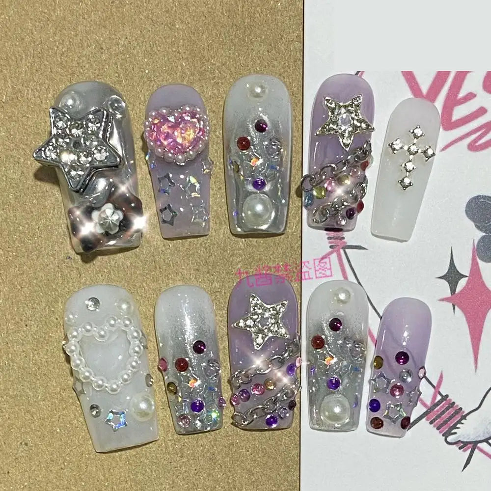 Sanrio Hello Kitty Y2K Nail Cartoon Punk Long Square Handmade Fake Nails Leopard Print Five-Pointed Star Diamond Detachable Nail