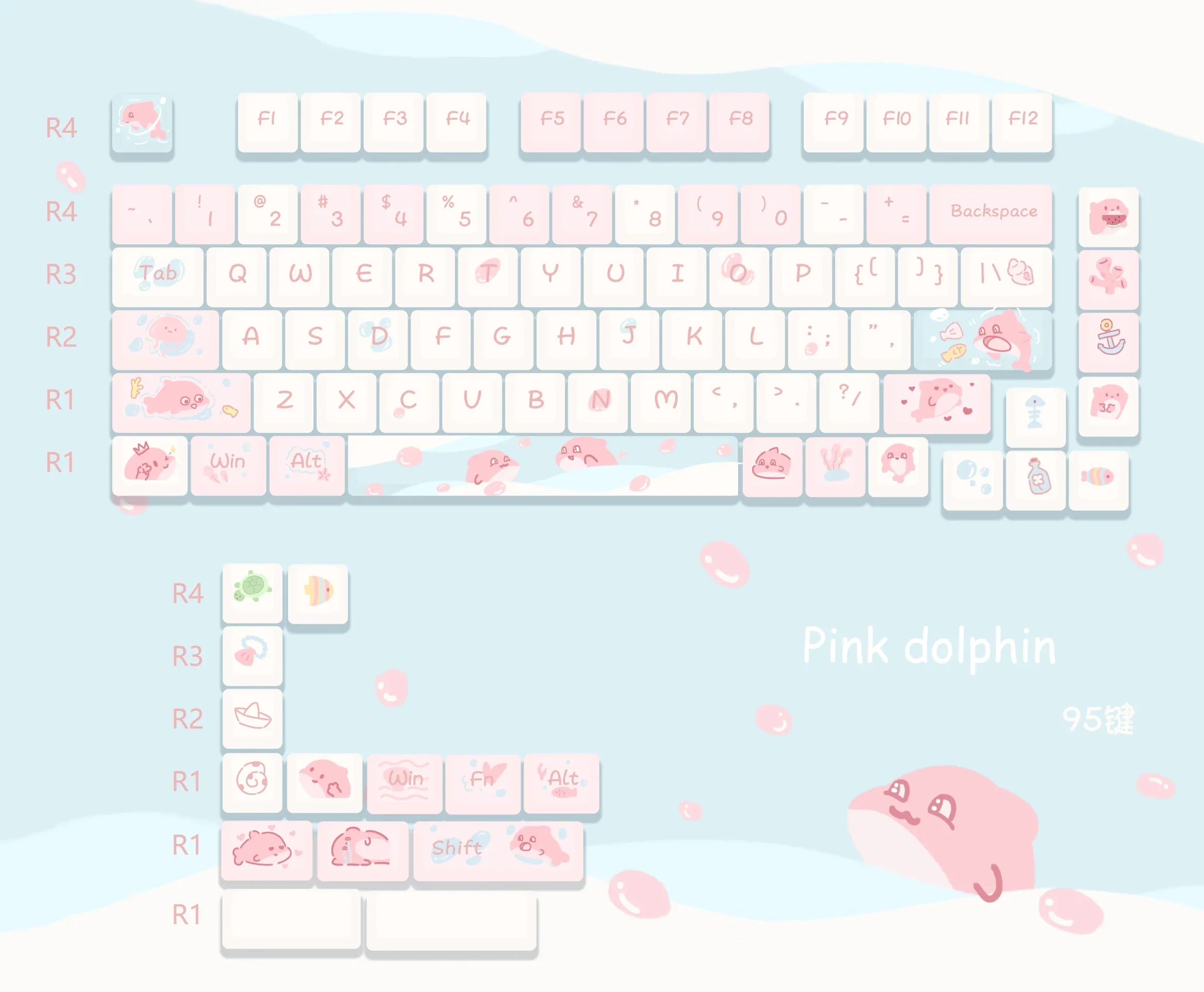 Customized Cute Cartoon Keycaps Cherry Profile Dye Sub PBT Keycaps 95 Keys for 75% Cherry Gateron MX Switches Gaming Keyboard