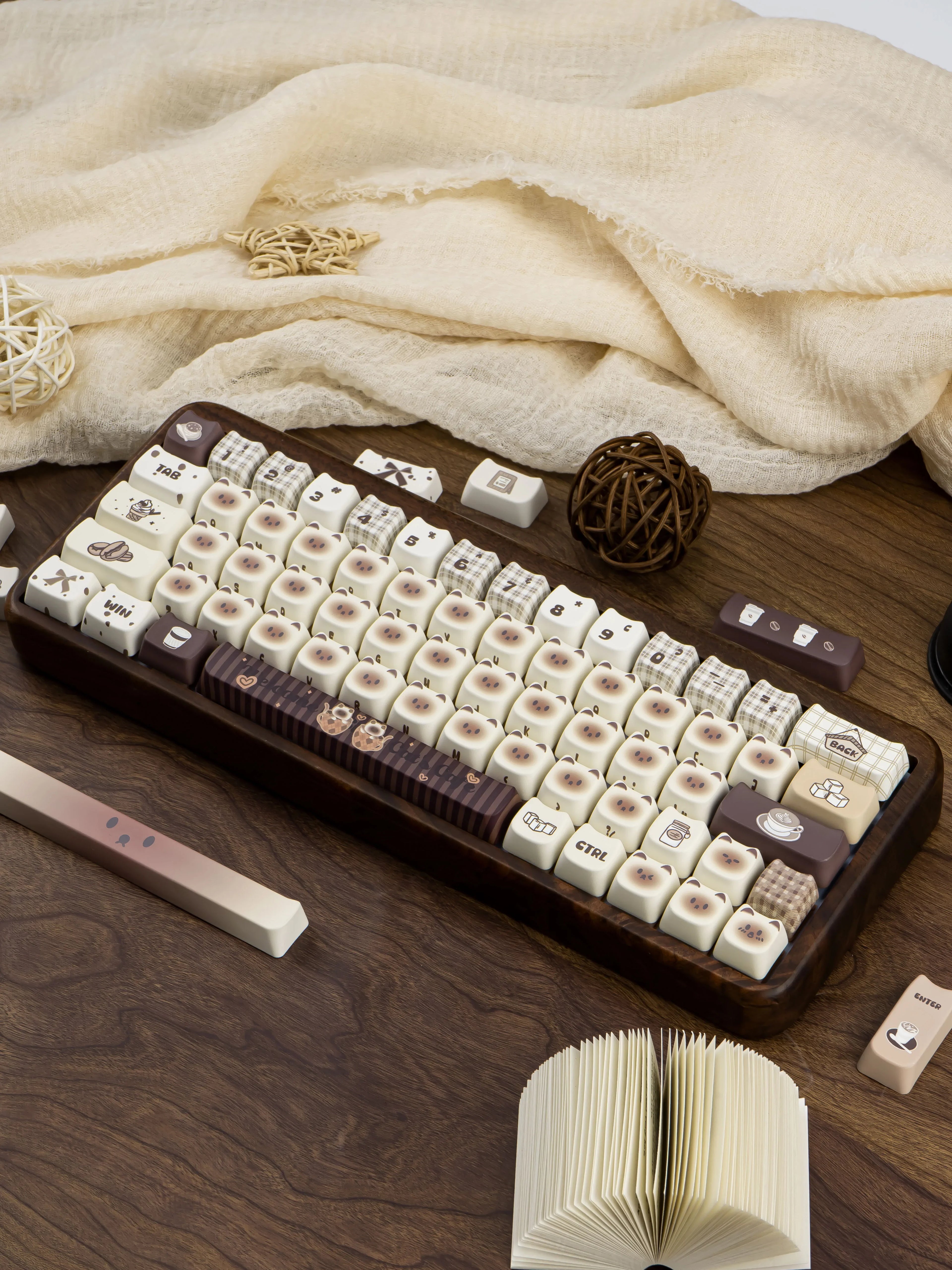 Siamese Cat Cafe Keycap Cherry MAO Profile Cute Cat Head PBT Keycaps Original White Brown Personalized Mechanical Keyboard Caps