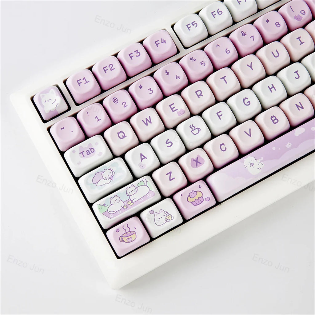 132 Keys Dye Sublimation PBT Keycaps Purple Cute Cat Themed MOT Profile Keycap for Gateron MOA MX Switches Mechanical Keyboard