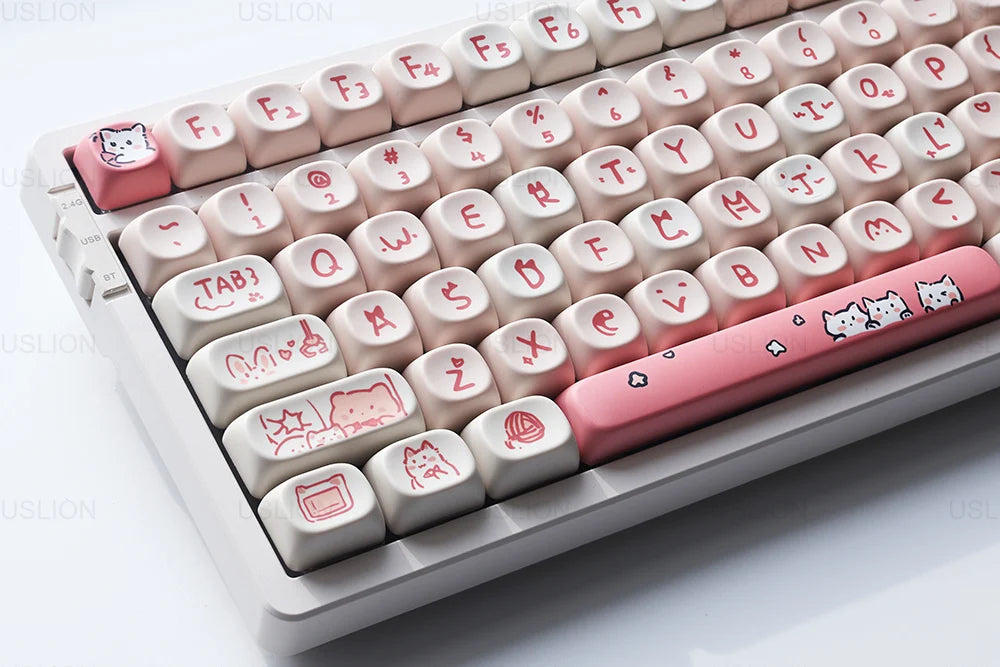 USLION 139Keys Keycaps Pink Meow Cat Theme MOA Profile PBT Kep Caps for 61/64/68/84/75/87/96/104 Keys Gaming Mechanical Keyborad