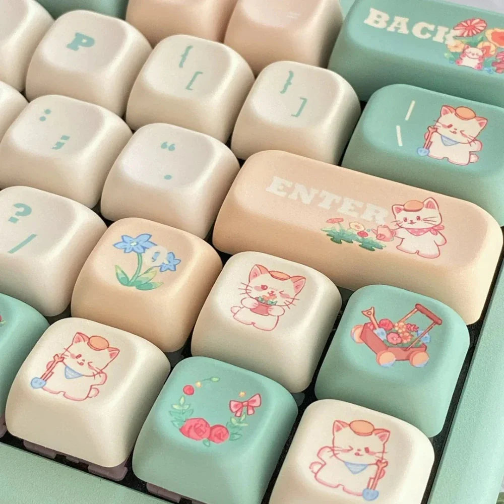 Cat Garden Keycap Set EOA Height PBT Five-Sided Sublimation Key Caps for  Mechanical Keyboard Flower Kitten Element Cute Keycaps