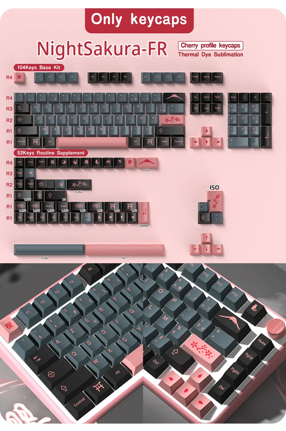 French Keycap 136-156 Keys BPT Cherry Profile FR Keycaps For French keyboard MX Mechanical Keyboard 7U Space Keys Hi75