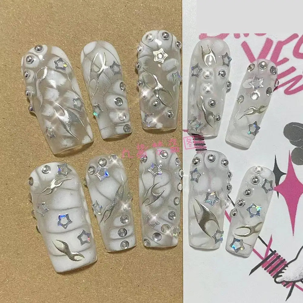 Sanrio Hello Kitty Y2K Nail Cartoon Punk Long Square Handmade Fake Nails Leopard Print Five-Pointed Star Diamond Detachable Nail