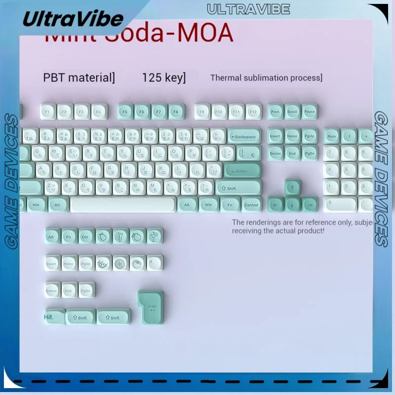 Keycap Mint Cool Cyan Series Moa Height 125 Pieces Full Set Pbt Material Color Blocked Mechanical Keyboard Thermal Sublimation ﻿