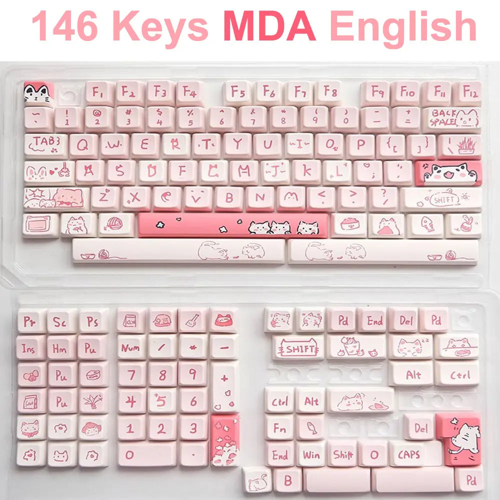 66/146 Keys MDA Profile Pink Cute Cat Keycaps For Gaming Mechanical Keyboard Mx Switch PBT Sublimation Customized DIY Key Caps