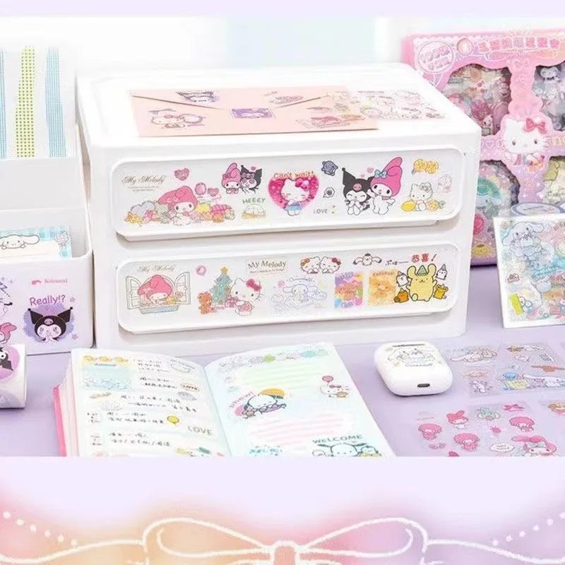 Hello Kitty Sanrio Non repeating 100 piece Sticker Set Cinnamoroll Kuromi Waterproof Stationery Sticker Gift Box Holiday Gift