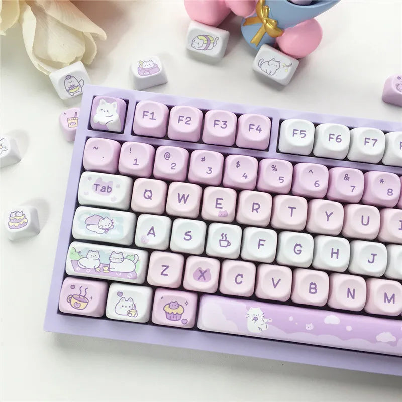 MOA Profile Keyboard Keycaps Custom PBT Cute Cartoon Purple Cat Keycap MX Switches 95 Keys/Set Blue Cute Key Cap for 64 61 87