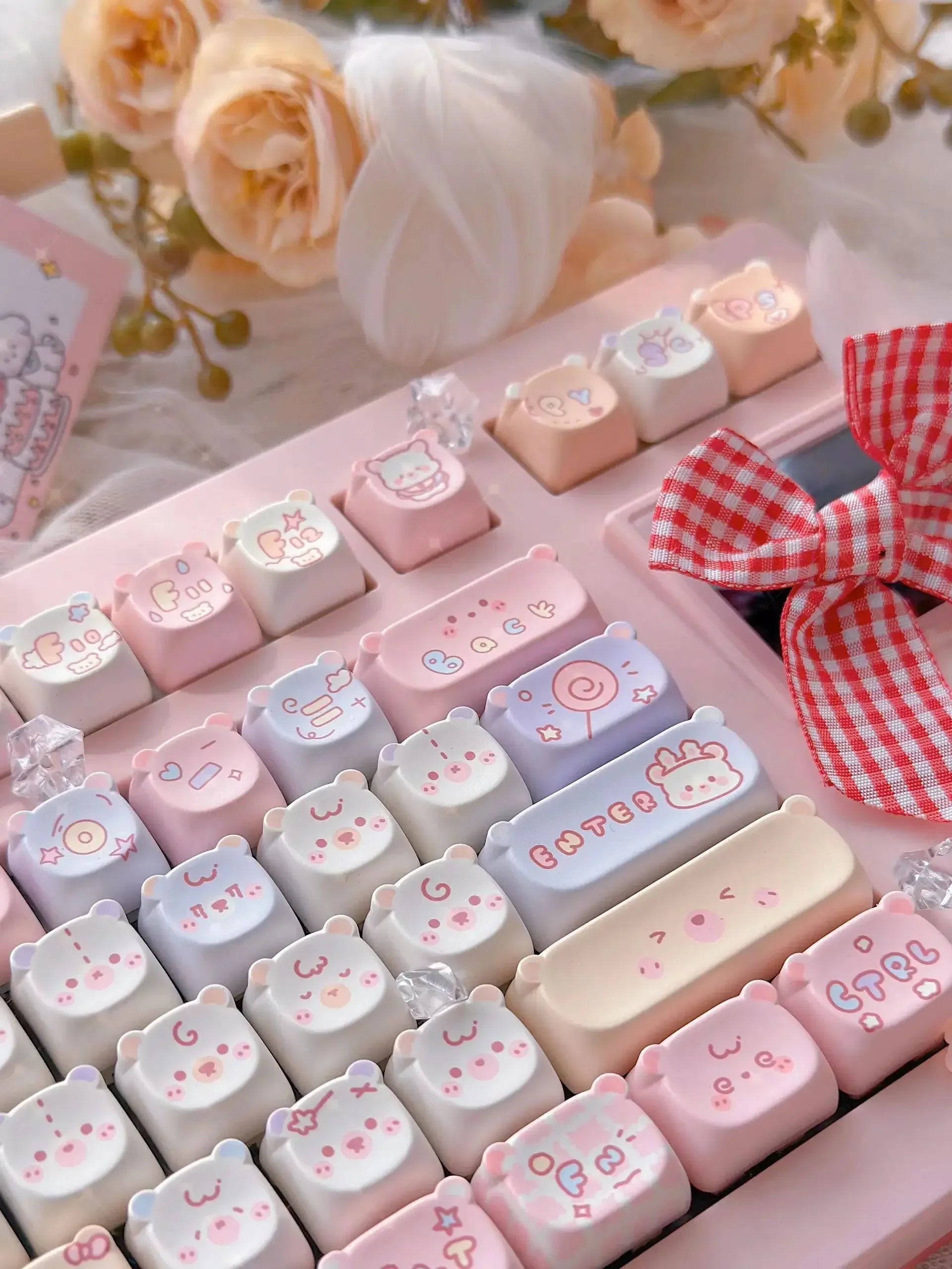 Cute Kawaii Bear Keycap EAO Pink Purple Expression Pbt For Diy Mechanical Keyboard Side Engraved Iso/Ansi Layout Cute Cat Keycap