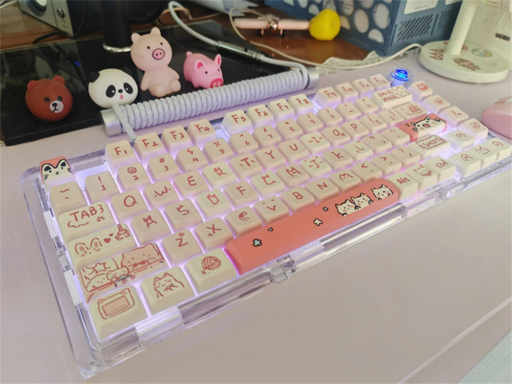 66/146 Keys MDA Profile Pink Cute Cat Keycaps For Gaming Mechanical Keyboard Mx Switch PBT Sublimation Customized DIY Key Caps