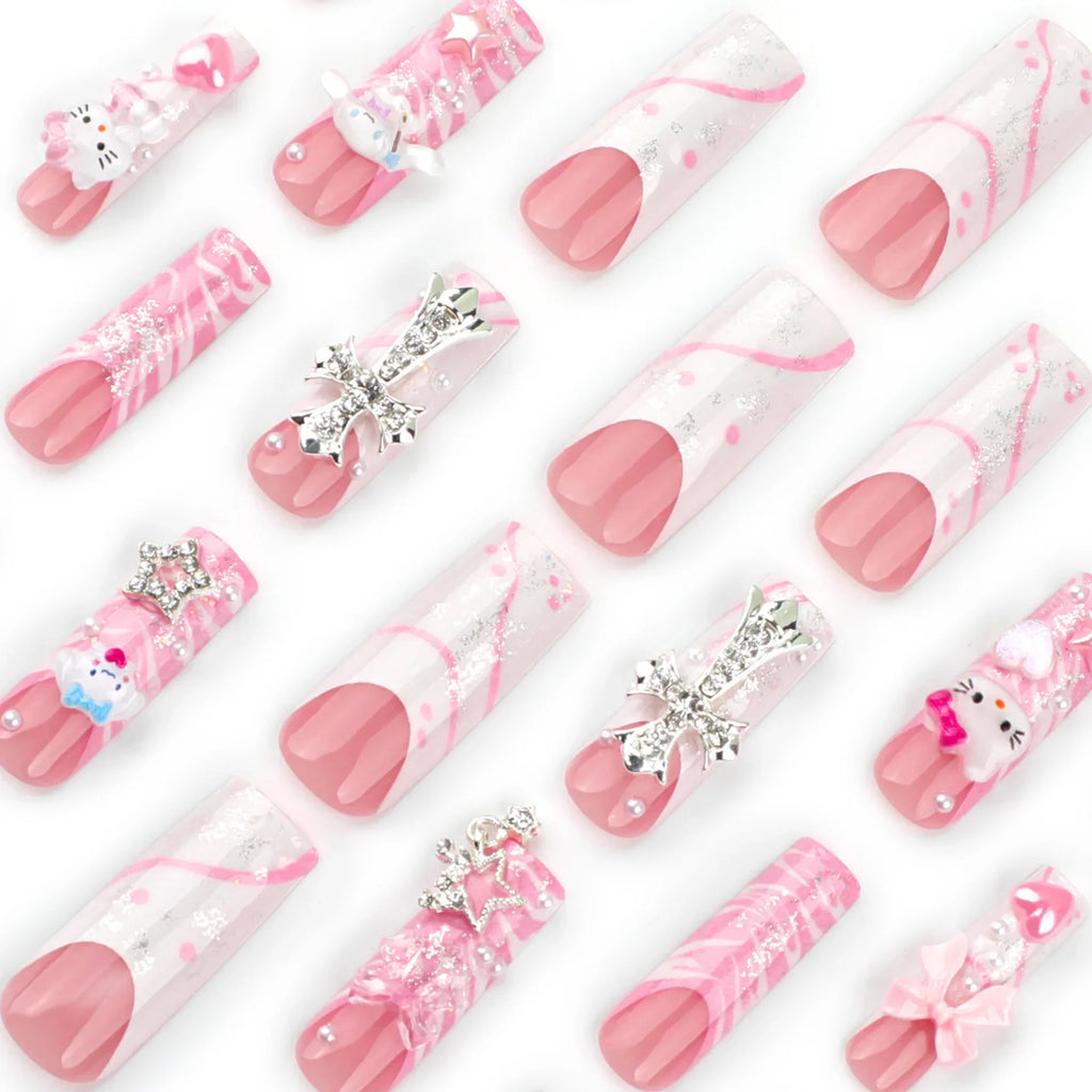24pcs Light Pink Bowknots Press On Nails Y2k French Style Long Coffin False Nails With Cute Cartoon Metal Star Press On Nail