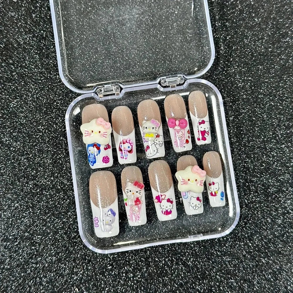 Cute 2024 Coffee Brown 3D Handmade Nail Art Sanrio Hello Kitty French Long Coffin Shape Star Kitty Full Coverage Removable Nails