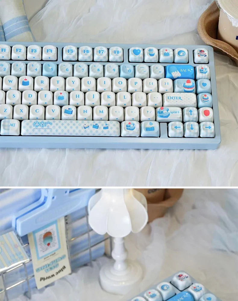 Sweet Dream Keycaps New Moa Pbt Sublimation Cute Blue Cute Round Alice Layout Keycaps L-Shaped Enter Key 2.25/2.75/7U Space Bar