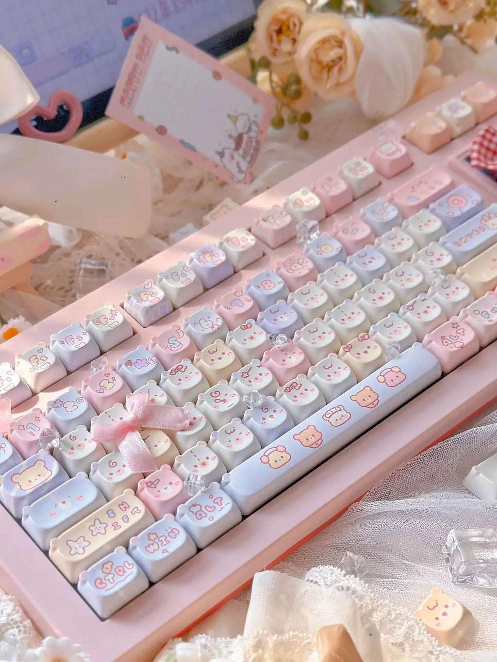 Cute Kawaii Bear Keycap EAO Pink Purple Expression Pbt For Diy Mechanical Keyboard Side Engraved Iso/Ansi Layout Cute Cat Keycap