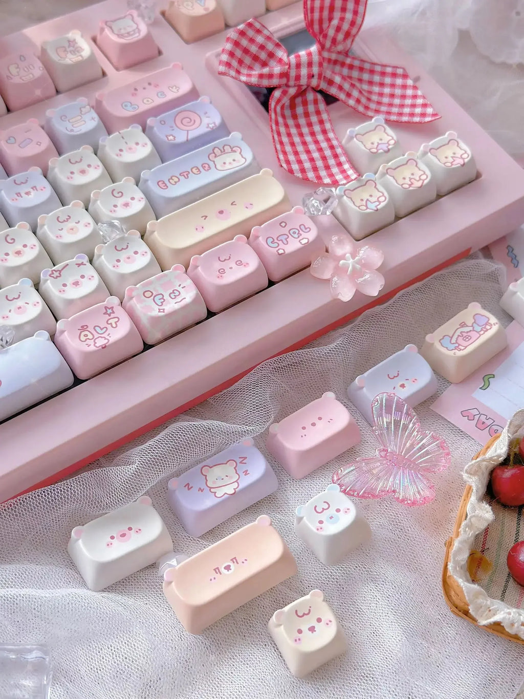 Cute Kawaii Bear Keycap EAO Pink Purple Expression Pbt For Diy Mechanical Keyboard Side Engraved Iso/Ansi Layout Cute Cat Keycap