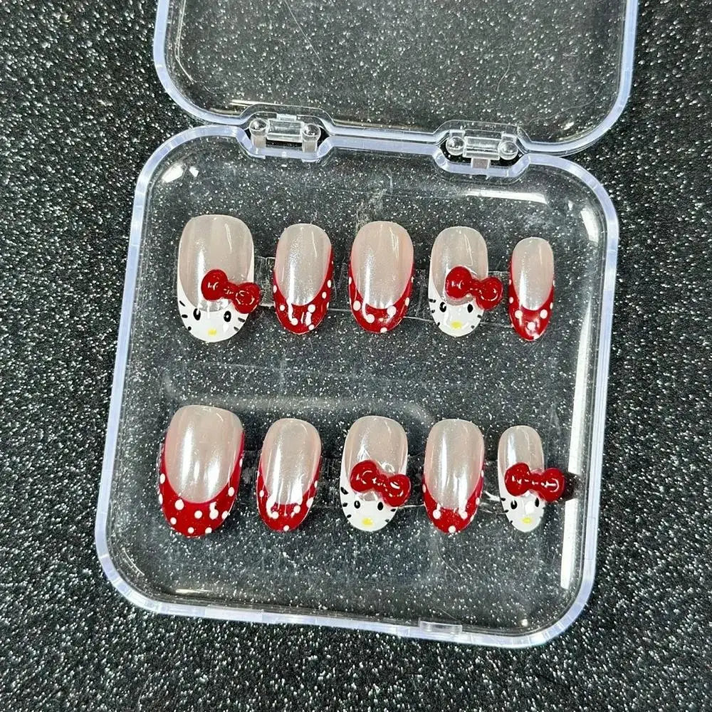 Cute 2024 Coffee Brown 3D Handmade Nail Art Sanrio Hello Kitty French Long Coffin Shape Star Kitty Full Coverage Removable Nails