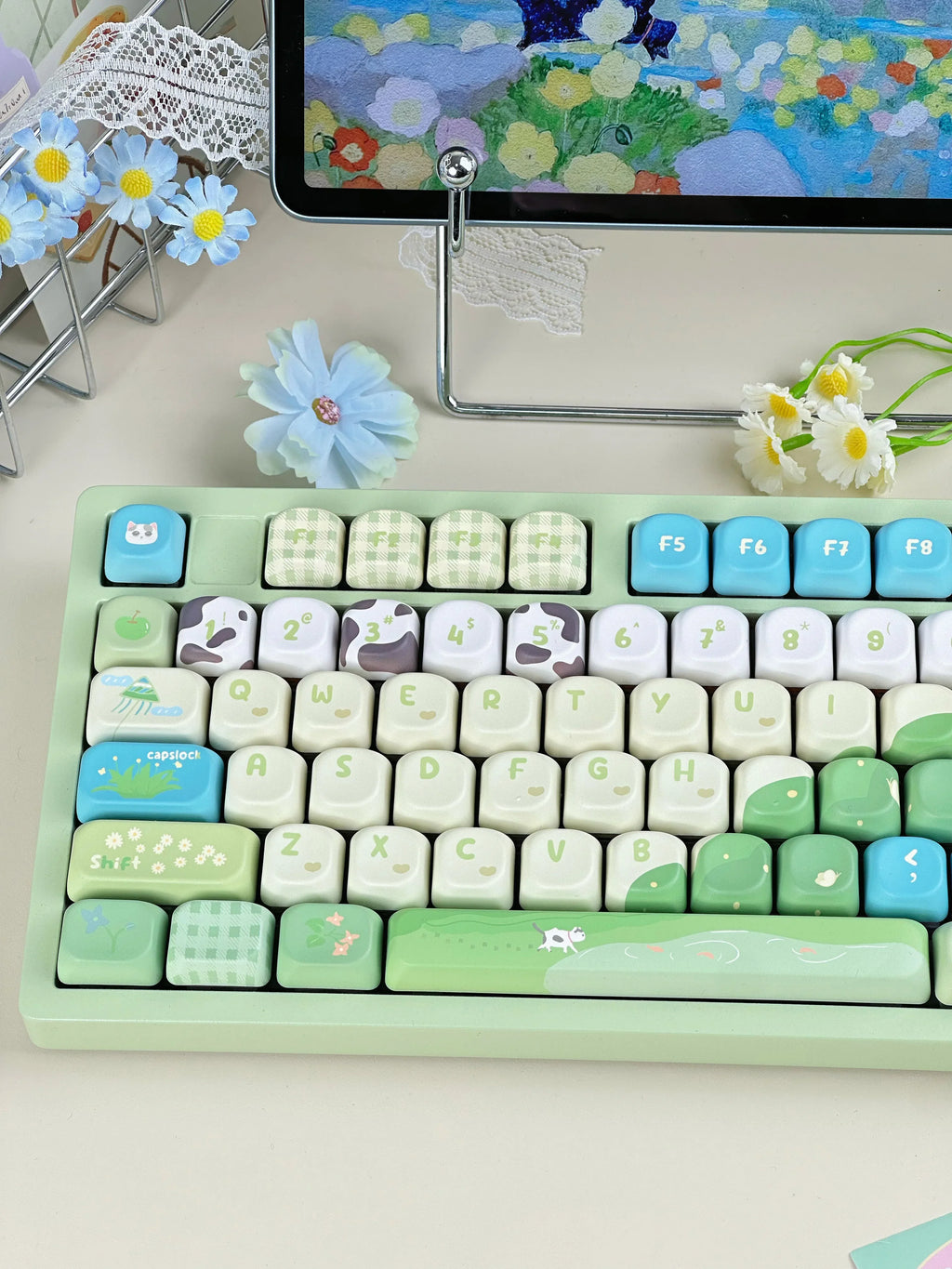 132-Key Spring Green Keycap Cute MOA Height PBT Material Suitable For Mechanical Keyboard DIY Girlfriend Birthday Gift Keycaps