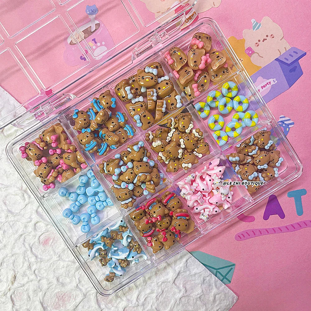 Boxed 120Pcs Kawaii Black Skin Sanrio Hello Kitty Nails Art Charms Accessories 3D Beach Bow Dolphin Resin Nails Decor Promotion