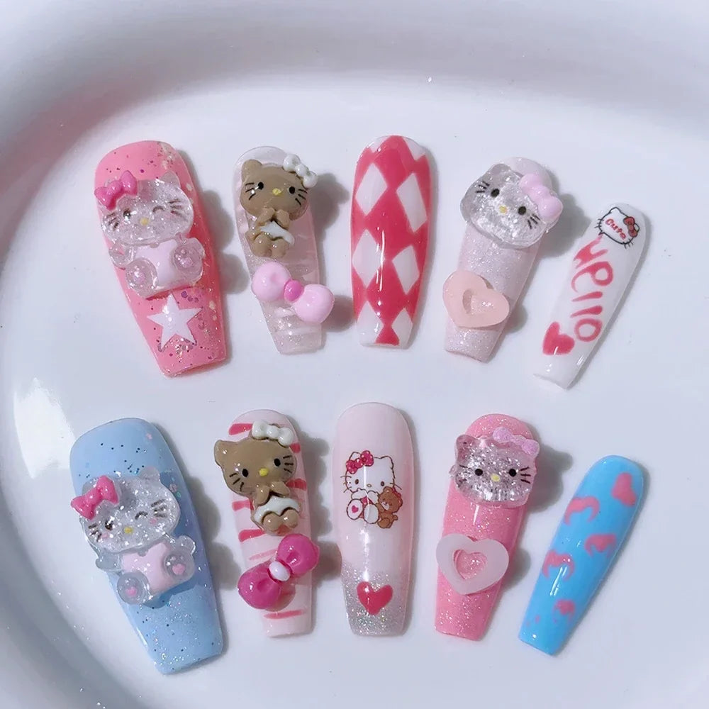 Sanrio Handmade French Press On Nails Hellokitty White Rose Cherry Girl Wearable Nail Tips Long Coffin Square Fake Nails Gift