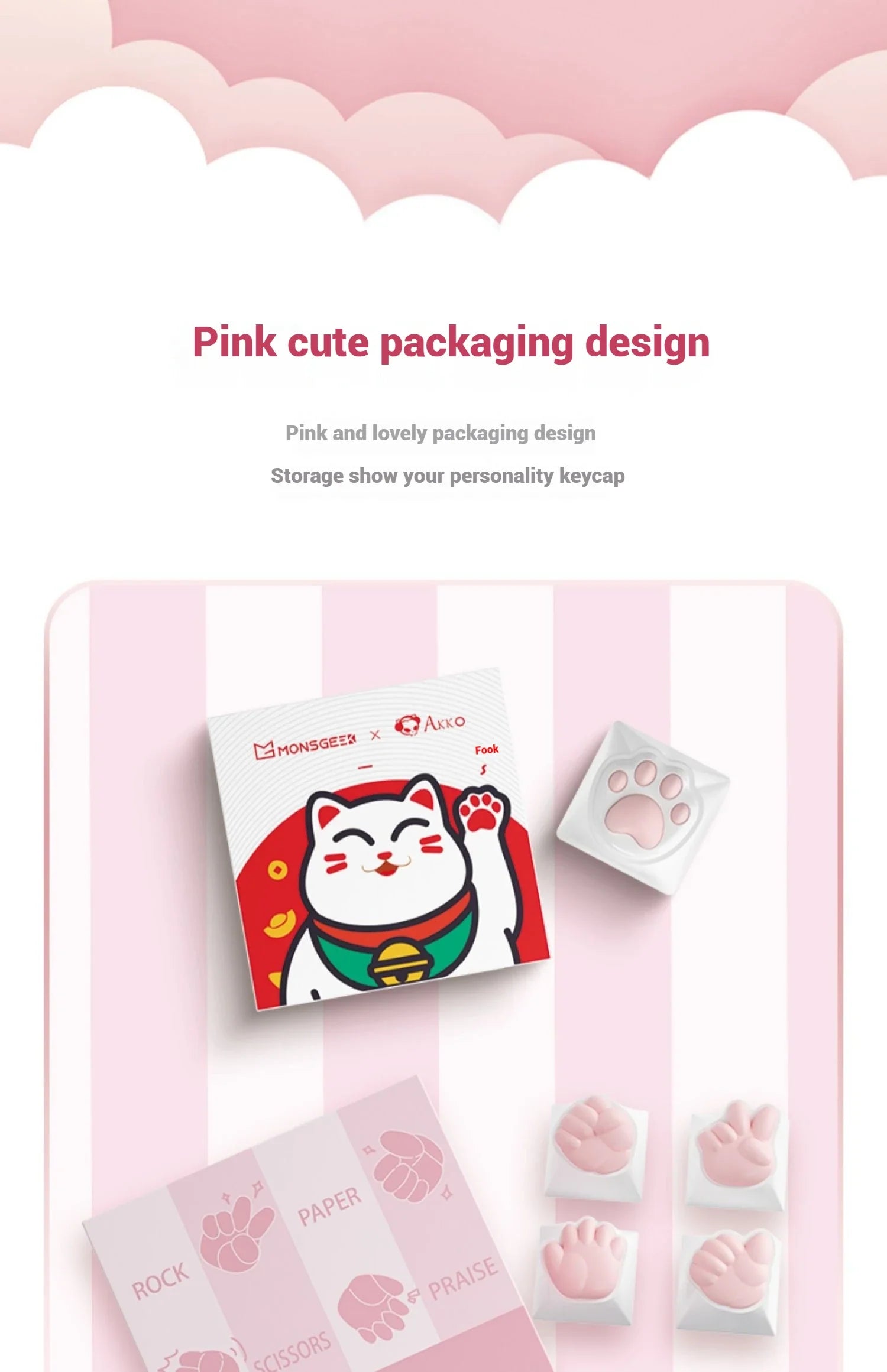 AKKO Keycap Soft Cute Cat Claw Rock Paper Scissors Like Kawaii Keycaps PC Silicone OEM Height ABS Material Girl Custom Key Caps