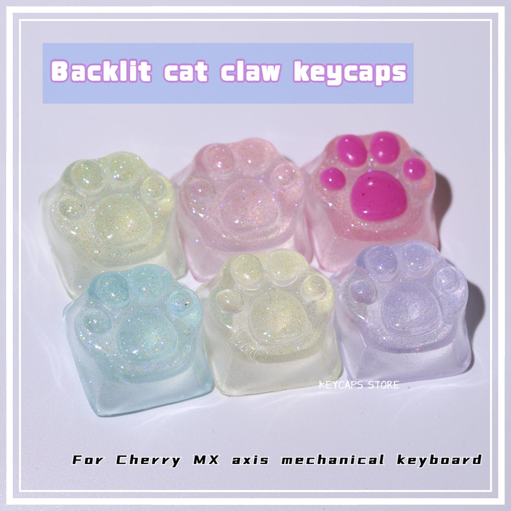 Purple Translucent Cat Paw Anime Kawaii Cute Keycap Cross Axis Backlit RGB Mechanical Keyboard Pink Cyan Custom ESC WASD Cap
