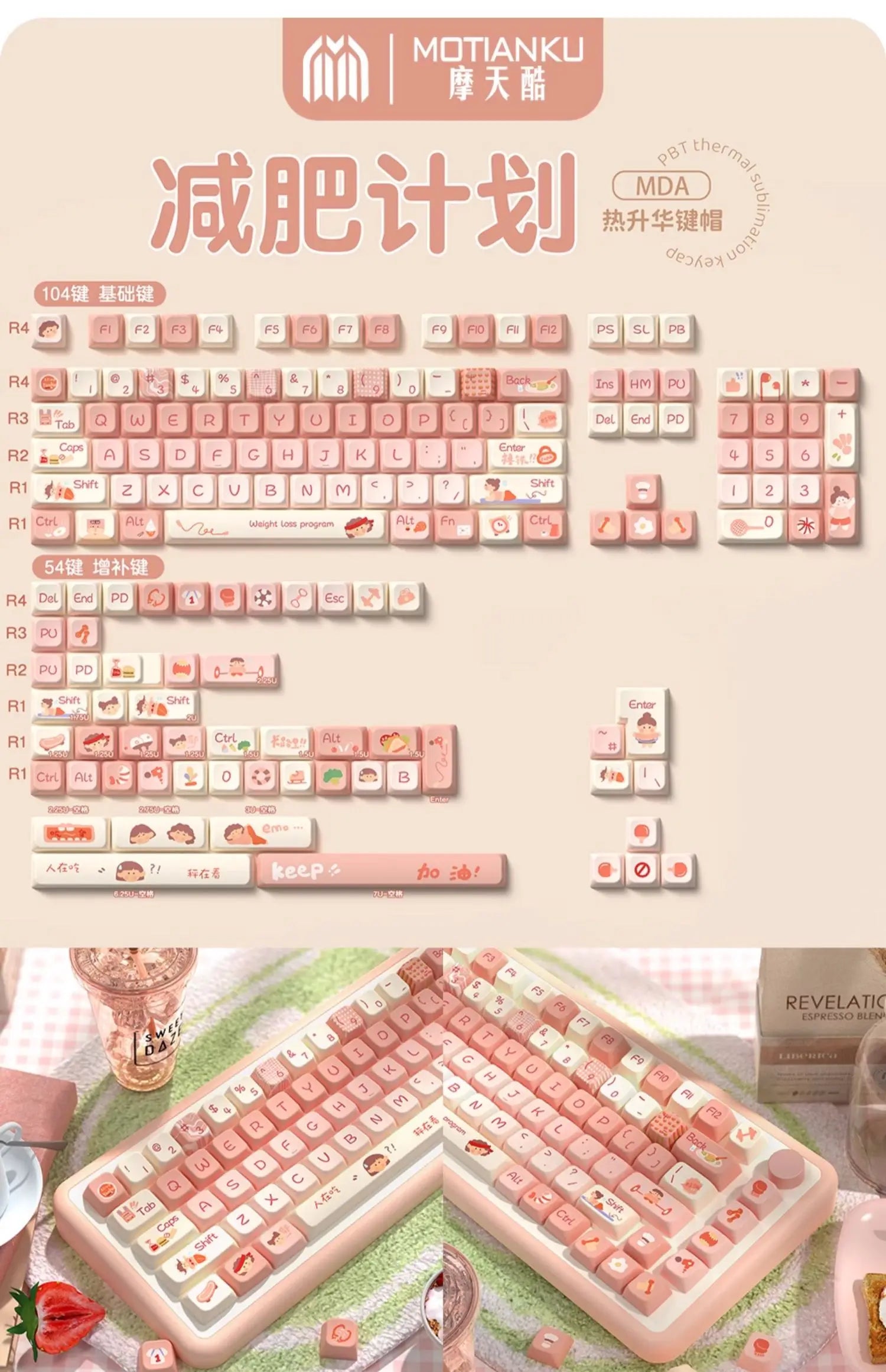 MDA Cartoon Personalized Keycap Set PBT Large Set Creative for MX Switch 60/84/90/104/108 Gaming Mechanical Keyboards