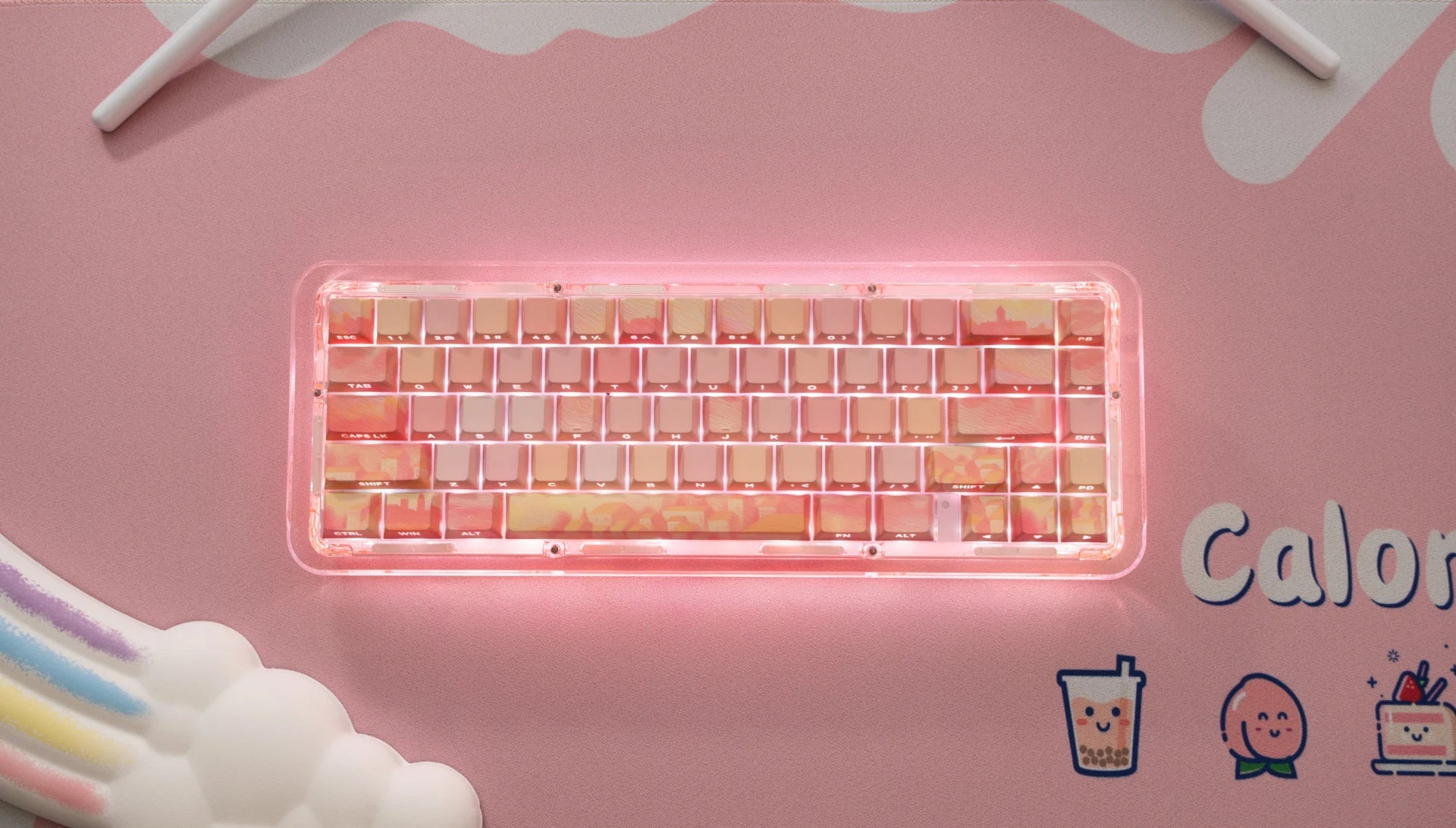 PIIFOX PBT OEM Profile Keycaps Thermal Sublimation 130 Keys Pink Thing Oil Painting Theme Transparent Translucent Side Engraving