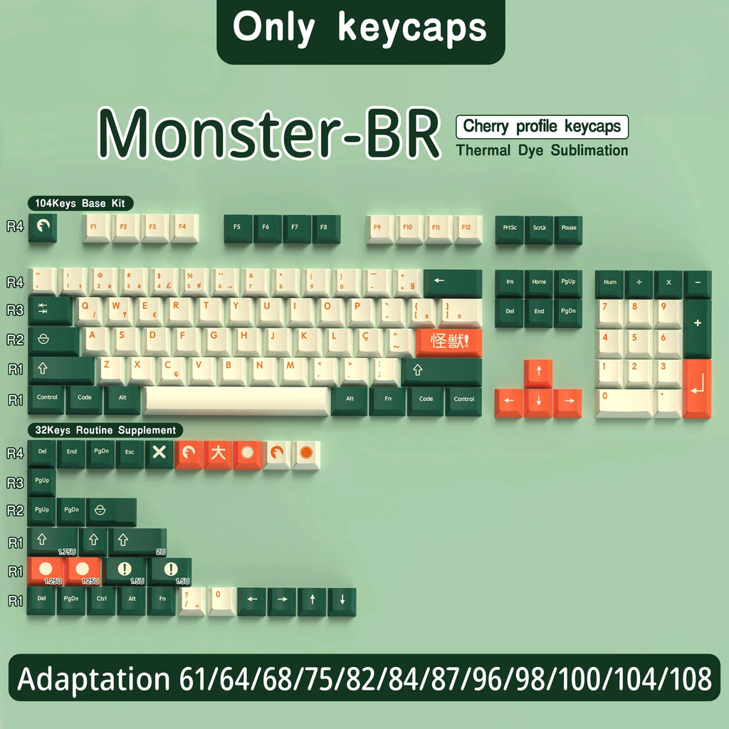 Abnt2 Keycaps Cherry Profile PBT Dye-Sub BR Keycaps Monster Red Samurai Blue Samurai For Mechanical Keyboard 7U Space bar