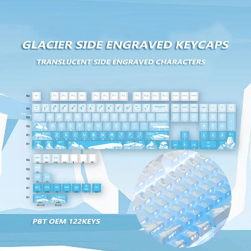 Korean Glacier Side-Engraved Translucent Keycaps OEM PBT Sublimation 122-Key DIY Fresh Gradient Blue White KR/korean Keycaps