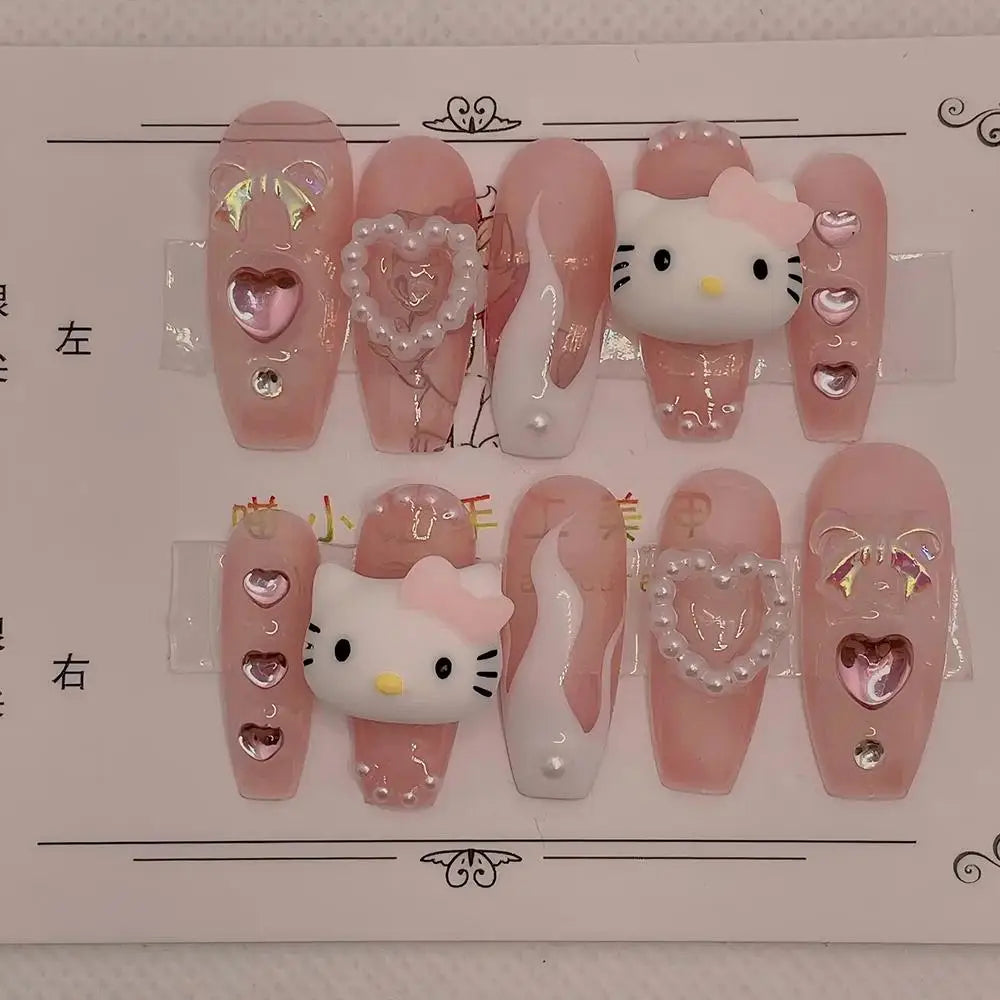 Cute Handmade Long Coffin Shape Fake Nail Kawaii Sanrio Hello Kitty Cinnamoroll Kuromi My Melody Detachable Nail Holiday Gift