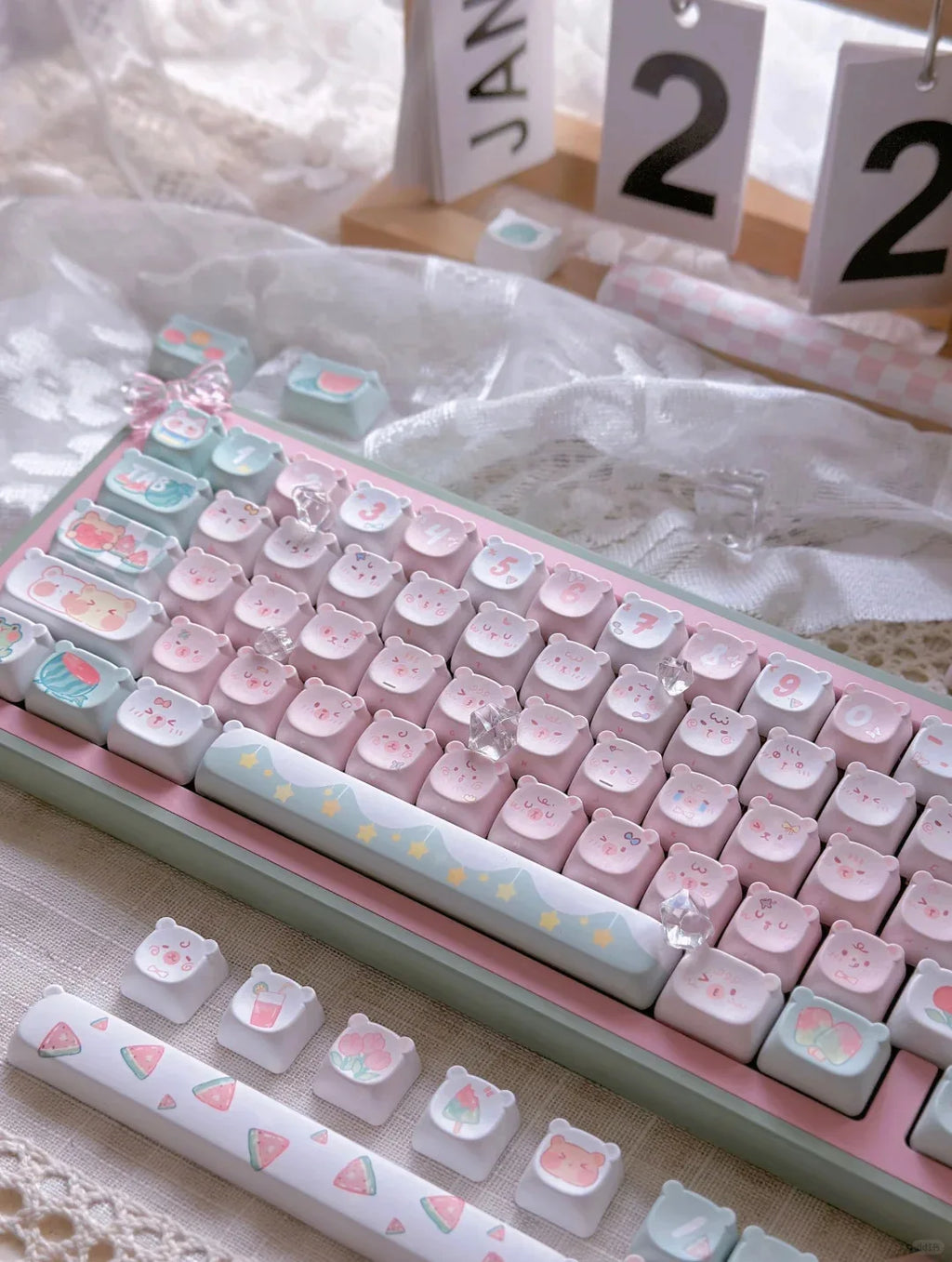 Cute Kawaii Bear Keycap EAO Pink Purple Expression Pbt For Diy Mechanical Keyboard Side Engraved Iso/Ansi Layout Cute Cat Keycap