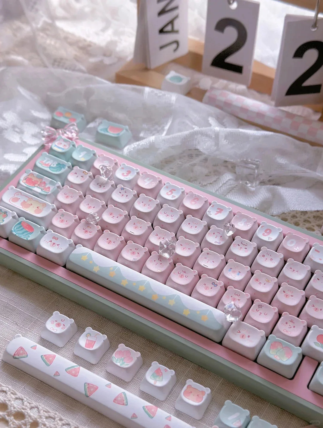 Cute Kawaii Bear Keycap EAO Pink Purple Expression Pbt For Diy Mechanical Keyboard Side Engraved Iso/Ansi Layout Cute Cat Keycap