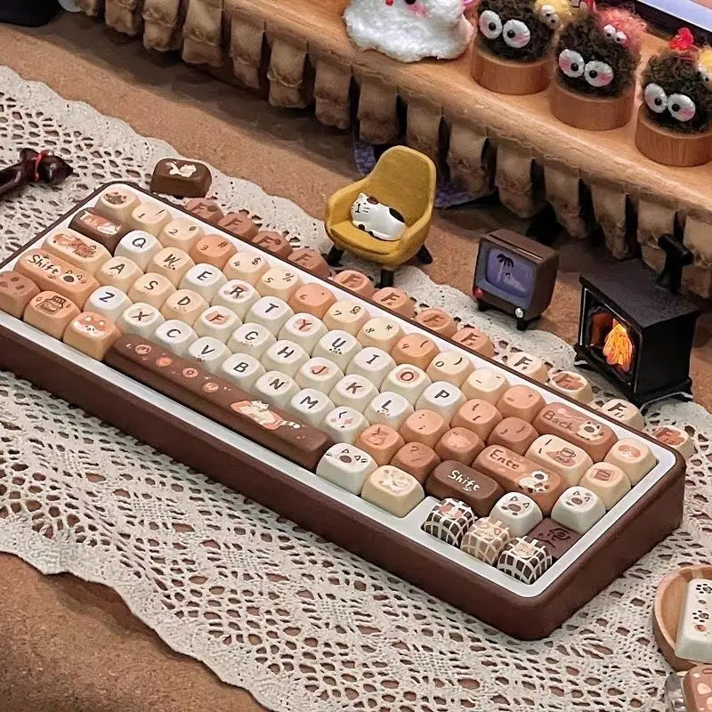 Autumn Cat Coffee Keycap Moa Pbt Full Five Sided Sublimation Diy Coffee Color White Dark Brown Cartoon Animal Cute Cat Keycap