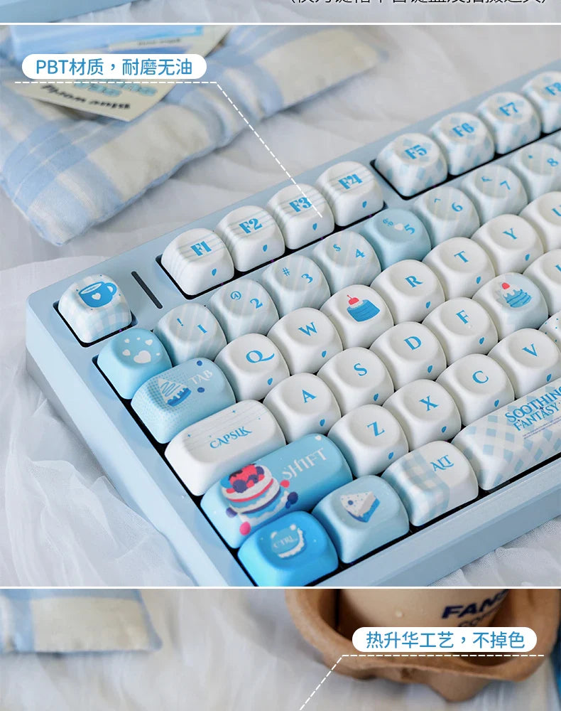 Sweet Dream Keycaps New Moa Pbt Sublimation Cute Blue Cute Round Alice Layout Keycaps L-Shaped Enter Key 2.25/2.75/7U Space Bar