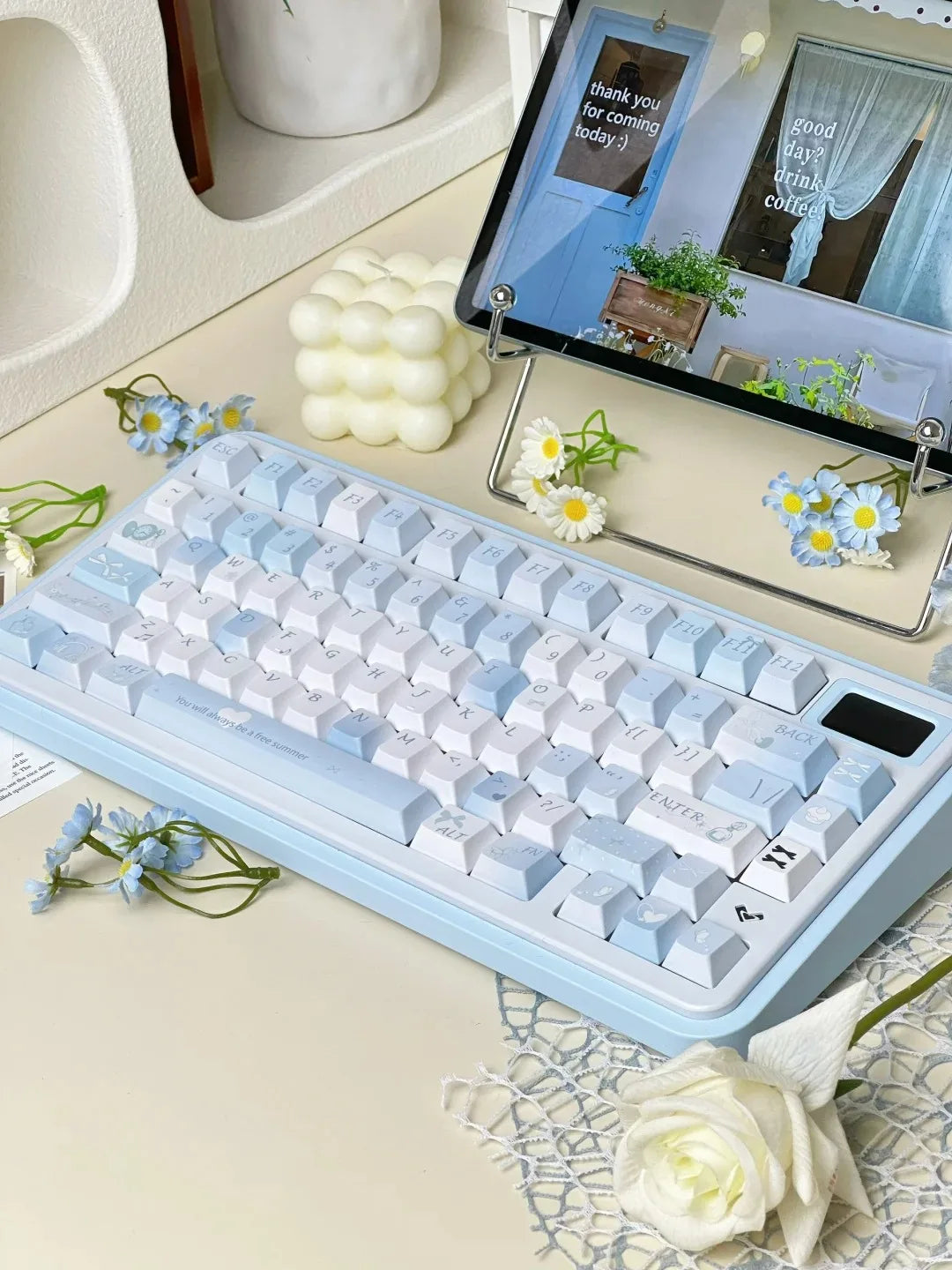 Blue Melody Keycap Set 132 Keys PBT Sublimation Cherry Profile Keycaps for DIY Mechanical Keyboard Small Fresh Summer Key Caps