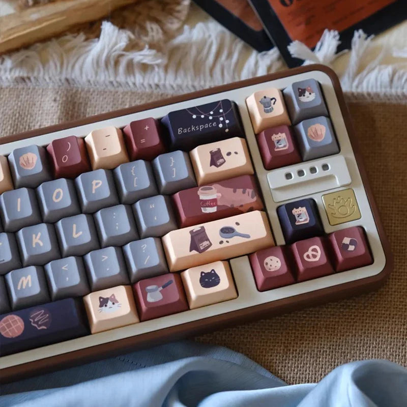 Cute Musk Cat Cafe Theme Keycaps Set PBT Cherry Profile MOA Custom Original Handmade Keycaps for Mechanical Keyboard Accessories