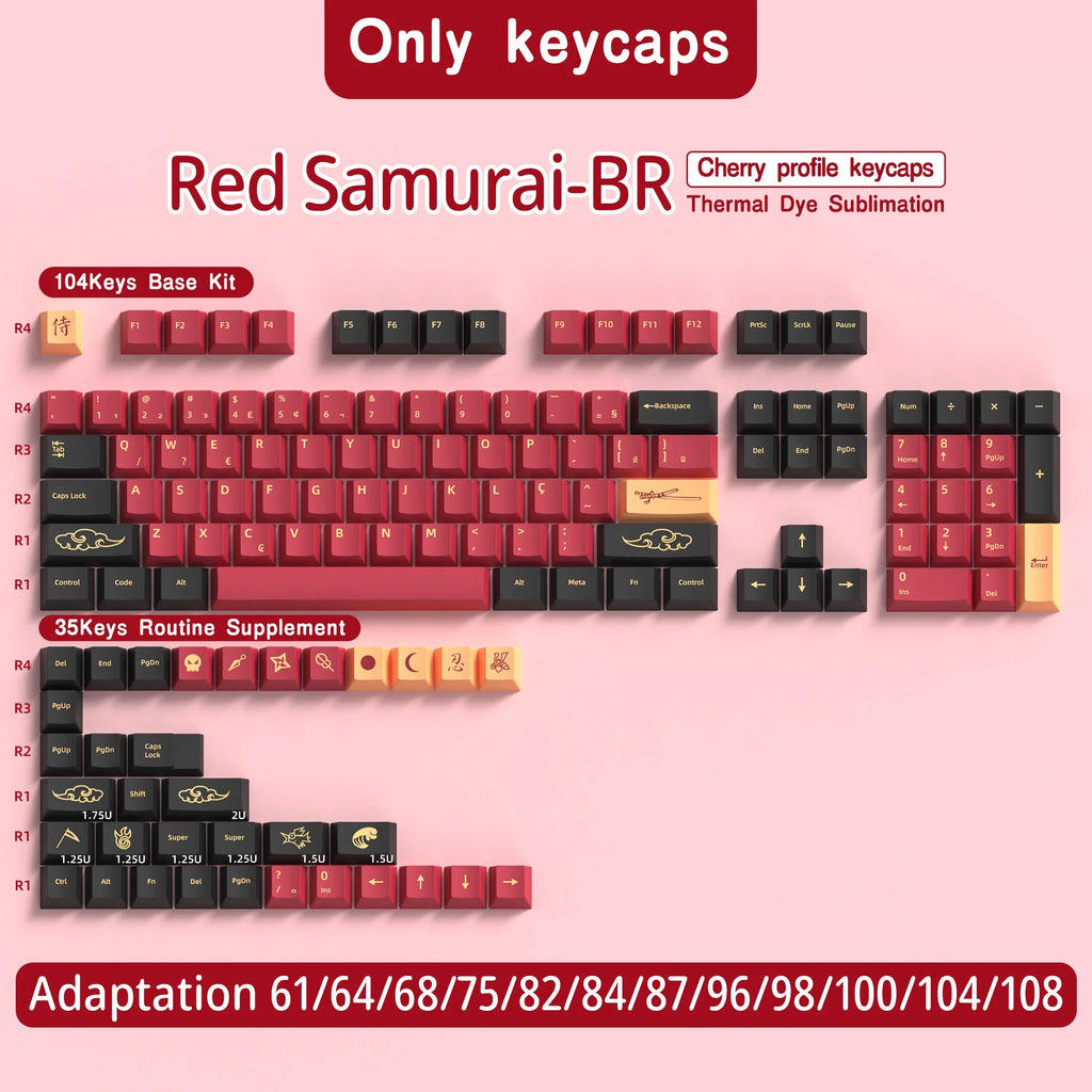 Abnt2 Keycaps Cherry Profile PBT Dye-Sub BR Keycaps Monster Red Samurai Blue Samurai For Mechanical Keyboard 7U Space bar
