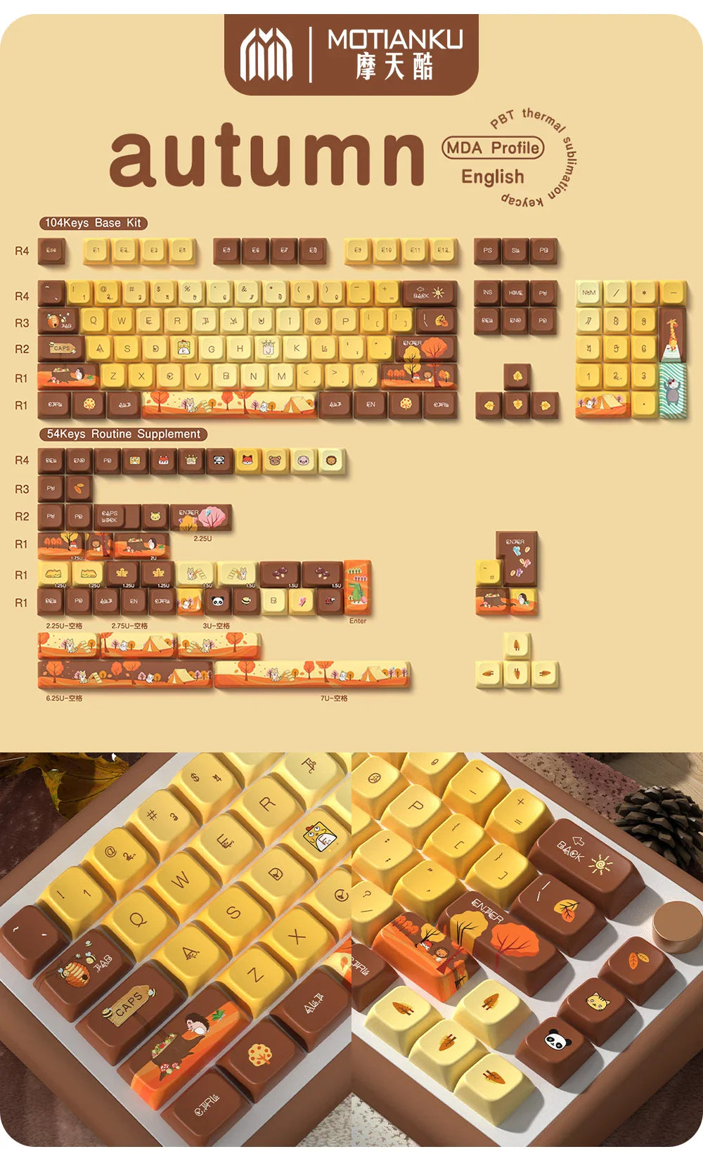 Original Theme Keycaps MDA Profile cute Anime PBT Keycap custom For Mechanical Keyboard with iso layout and 7U space bar
