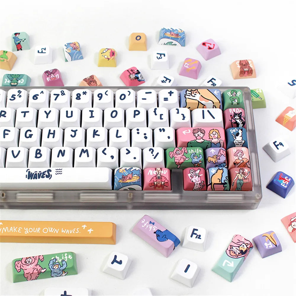 Kjeow Sea Wave Theme Keycaps PBT HM XDA Profile Cartoon Surfer 123 Keys Dye-Sublimation for Custom Mechanical Gaming Keyboard