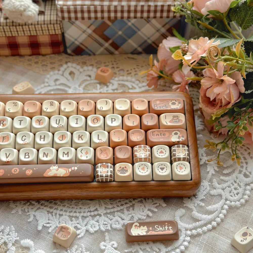Autumn Cat Coffee Keycap Moa Pbt Full Five Sided Sublimation Diy Coffee Color White Dark Brown Cartoon Animal Cute Cat Keycap