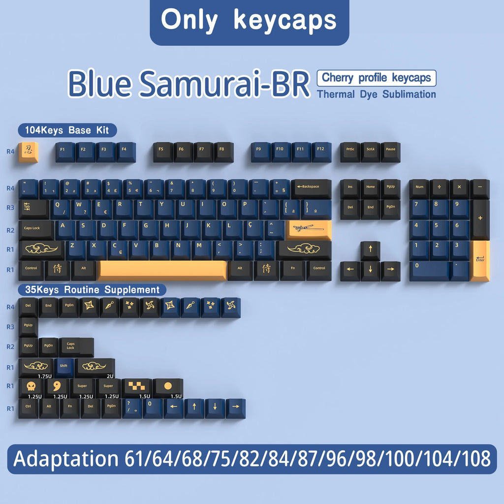 Abnt2 Keycaps Cherry Profile PBT Dye-Sub BR Keycaps Monster Red Samurai Blue Samurai For Mechanical Keyboard 7U Space bar