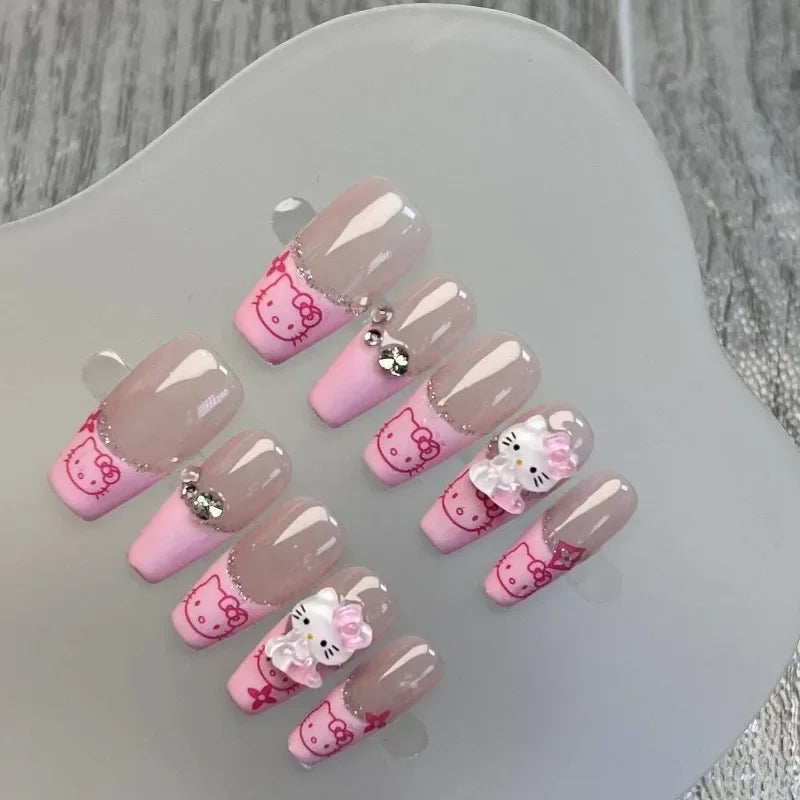 Pink Press on Acyrlic Nails Hellokitty Cute Stickers Handmade Nails French Designs Wearable Full Cover Coffin Kawaii Nail Arts