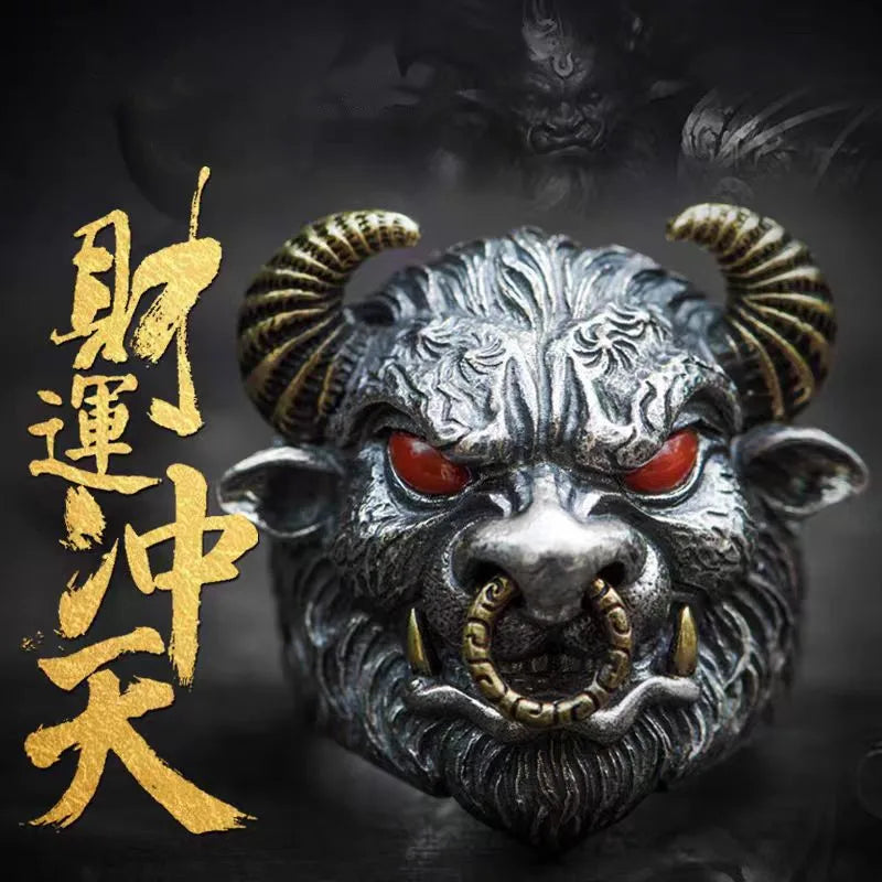 Devil Ram Horns Skull Open Ring for Men's Retro Satanic Cross Religious Amulet Jewelry