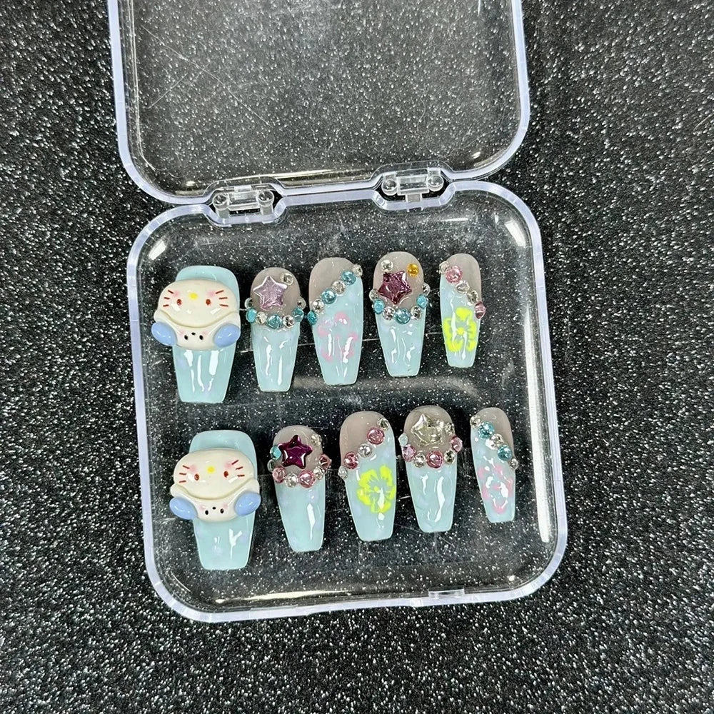 Cute 2024 Coffee Brown 3D Handmade Nail Art Sanrio Hello Kitty French Long Coffin Shape Star Kitty Full Coverage Removable Nails
