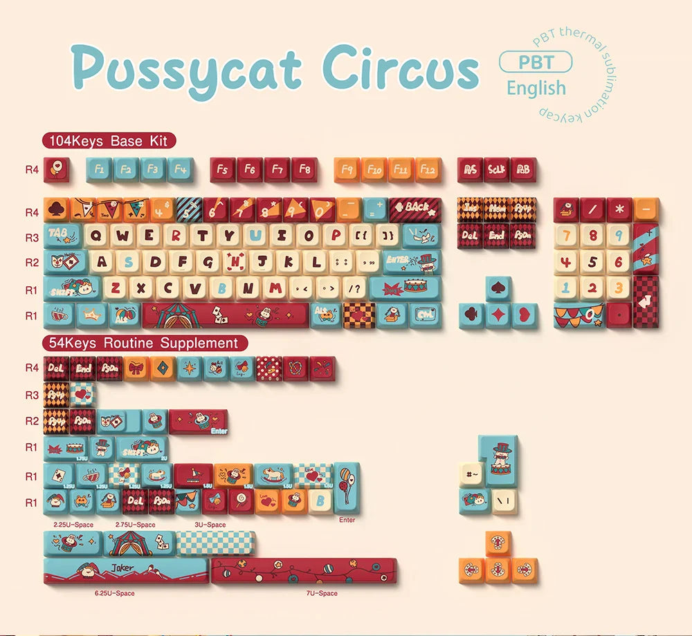 Pussycat Circus Themed Keycaps 120/138/158key Mda/Mca Profile Pbt Thermal Sublimation Mechanical Keyboard Cartoon Game Key Cap