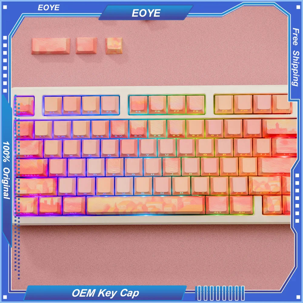 PIIFOX PBT OEM Profile Keycaps Thermal Sublimation 130 Keys Pink Thing Oil Painting Theme Transparent Translucent Side Engraving