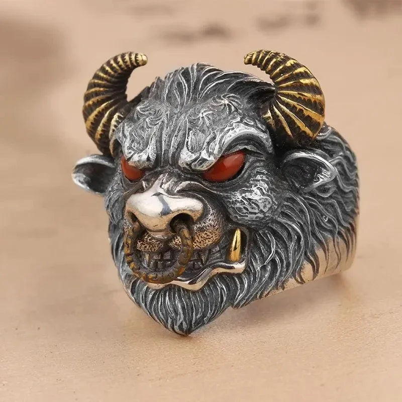 Devil Ram Horns Skull Open Ring for Men's Retro Satanic Cross Religious Amulet Jewelry